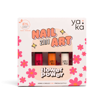 Vue de face de l’emballage du kit Flower Power de YAKA avec design fleurs et mention "Nail Art 2en1".