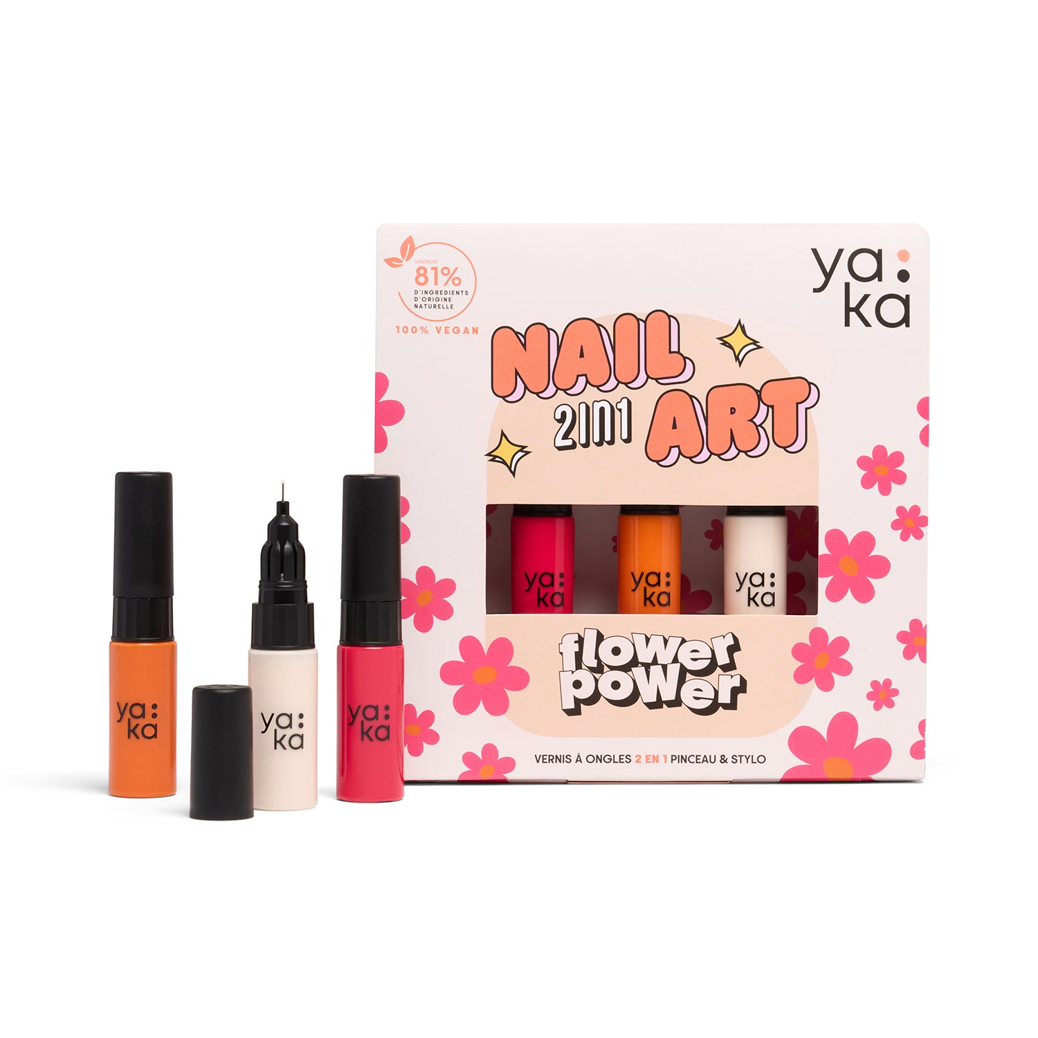Packshot du kit vernis à ongles 2en1 Flower Power de YAKA, comprenant trois teintes pour le nail art : orange, blanc et rose.
