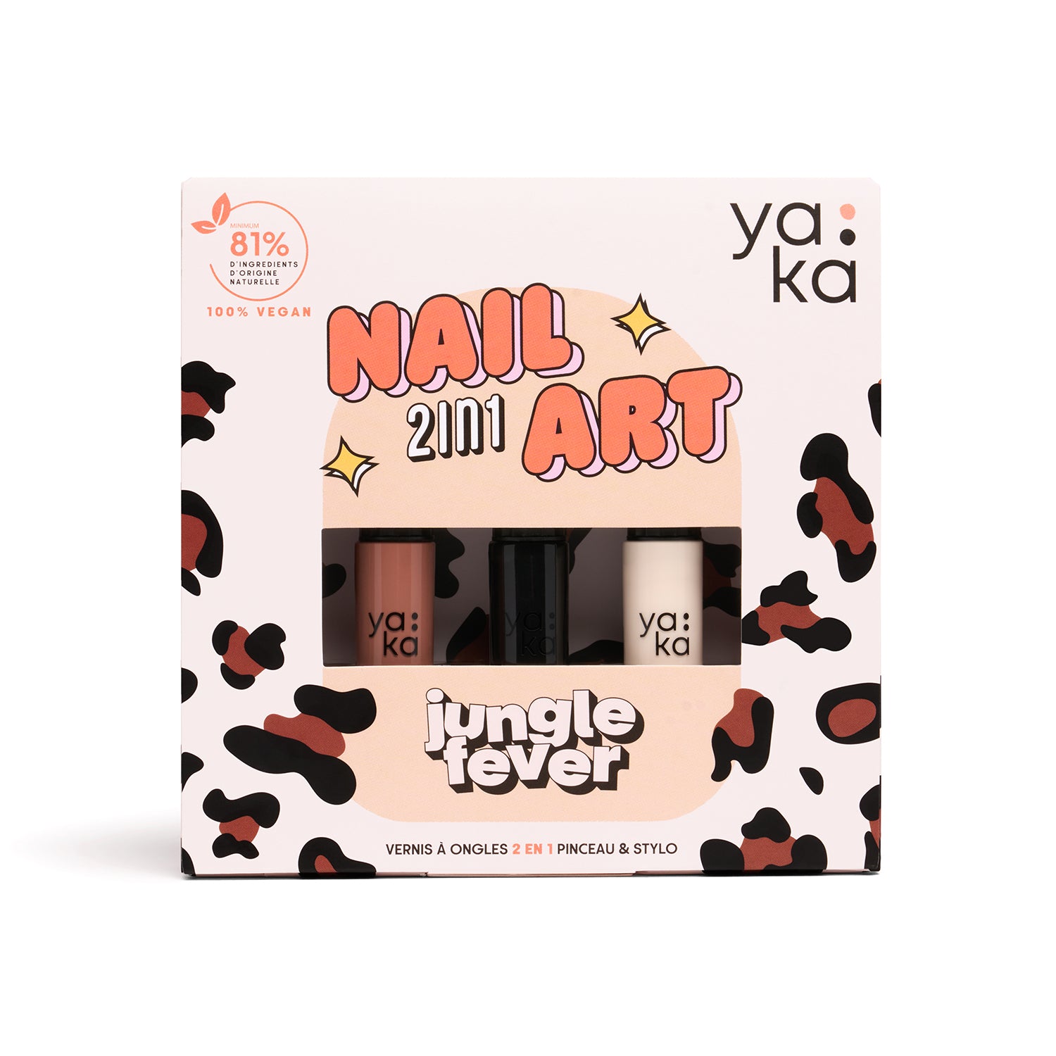 Vue de face de l’emballage du kit Jungle Fever de YAKA avec design léopard et mention "Nail Art 2en1".