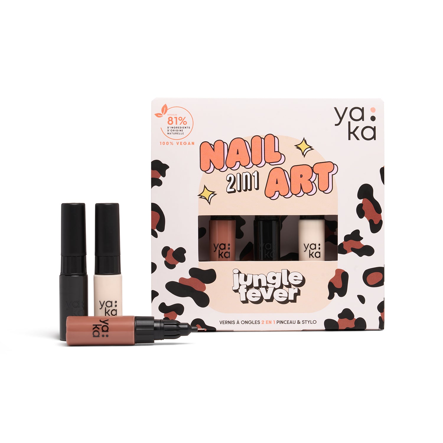 Packshot du kit vernis à ongles 2en1 Jungle Fever de YAKA, comprenant trois teintes pour le nail art : marron, blanc et noir.