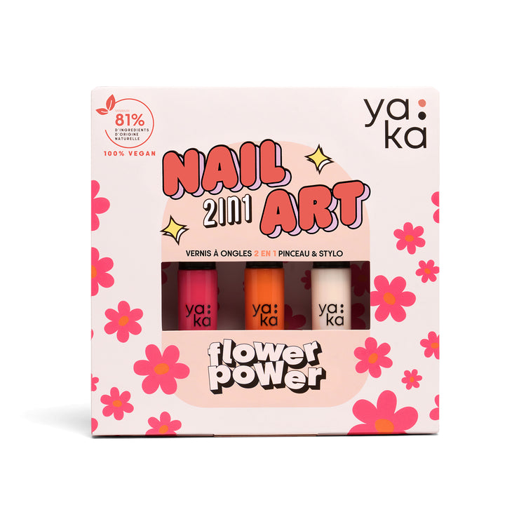 Vue de face de l’emballage du kit Flower Power de YAKA avec design fleurs et mention "Nail Art 2en1".